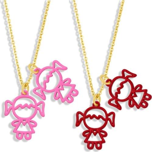 FLOLA Gold Chain Two Cute Girl Pendant Necklace Copper Colorful Enamel Necklace Gifts Friendship Jewelry nkey24