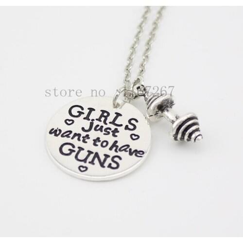 2015 new style "girls just want to have guns" necklace, dumbbell 2 pendant silver necklace Women Girls Wholesale Jewelry