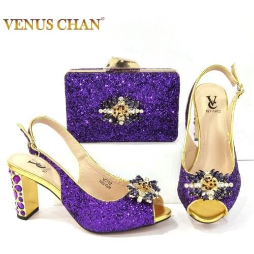 2021 Hot Selling New Arrival Purple Color Crystal Noble and Luxury Style Women Shoes and Bag Set in Party