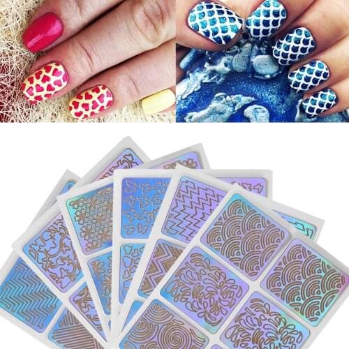 6 Sheets New Nail Hollow Irregular Grid Stencil Reusable Manicure Stencils Stickers Stamping Template Nail Art Tools Kits