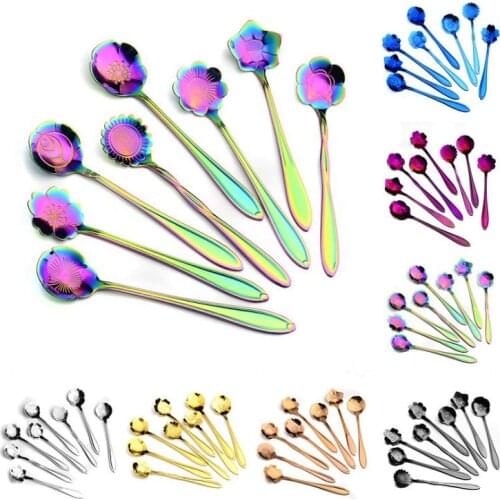 7 colors flower mixing spoon Stainless steel colorful flower coffee spoon 8 kinds of flower shape tea spoon SN1784