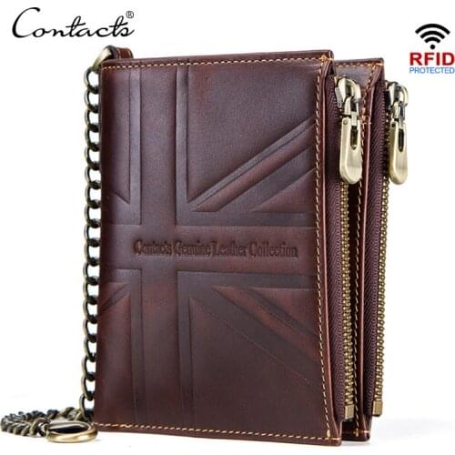 CONTACTS Crazy Horse Genuine Leather Men Wallets Vintage Double Zipper Coin Purse 20PCS/lot