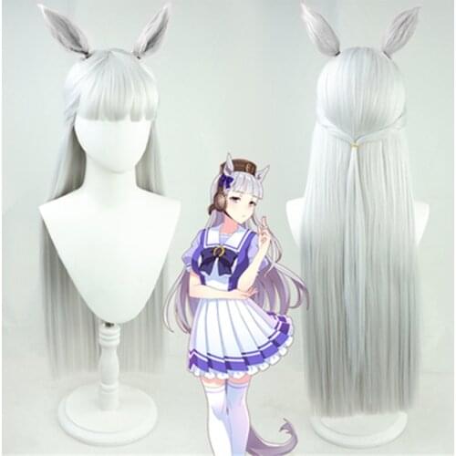 Pretty Derby Gold Ship Cosplay Wig Long Sliver Grey Straight Wig with Bangs Ears Synthetic Hair Heat Resistant Anime