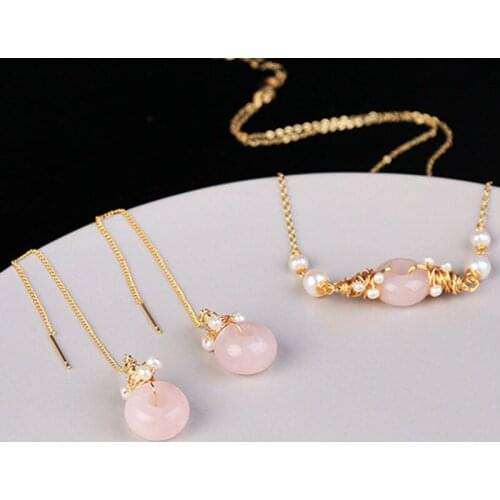 Elegant Freshwater Pearl Jewelry Set Round Pink Stone Long Tassel Drop Dangle Earrings Choker Pendant Necklace Fashion Women Bib