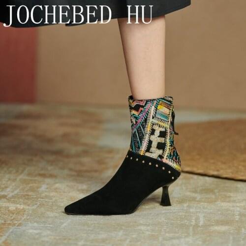 【JOCHEBED HU】New trend Shoes Women Winter Boots Sequined Cloth High Heels Ankle Boots for Women Trending Ponted Toe Warm Boots