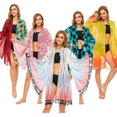 Cosplay Anime Demon Slayer Kimono Cardigan Kimetsu No Yaiba Keychain Kamado Tanjirou Two Piece V Neck Bathing Bikini Swimsuit
