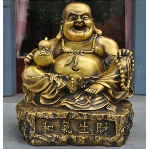 Chinese Buddhism Bronze Gourd Bat Wealth lucky Maitreya Buddha Statue Sculpture