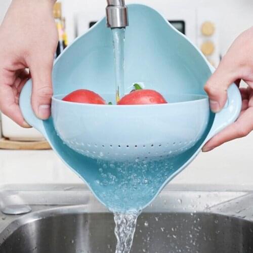 Kitchen Rotating Basin Drain Double-layer Rotatable Drain Basket with Double Handle 2 in 1 Vegetable Fruit Washing Colander