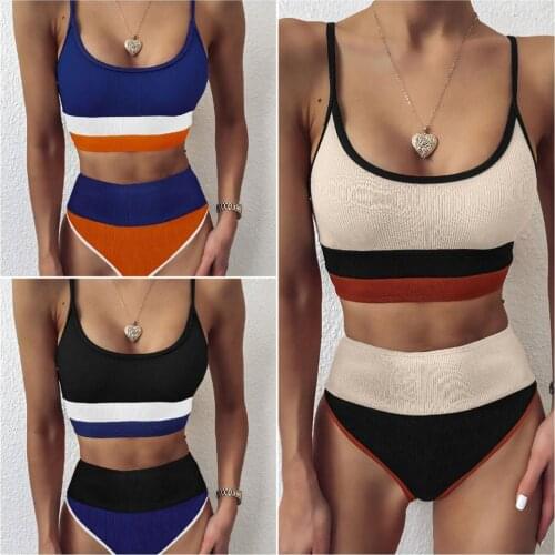 Patchwork swimsuit women High waist bikini 2020 Bandeau swimwear Ribbed biquini Sports bathing suit Vintage swim suit female new
