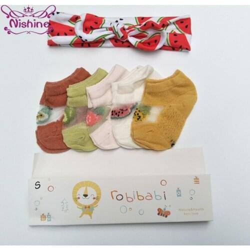 Nishine Fashion Print Bunny Ears Hairband and Cartoon Breathable Boat Socks Infant Soft Cotton Anti-slip Sock Clothing Ornaments