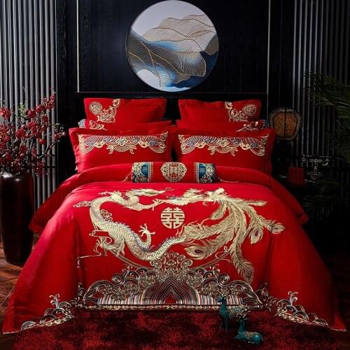 New Luxury Gold Long Phoenix Embroidery Red 100% Cotton Wedding Bedding Set Duvet Cover Bed Sheet/Bedspread Pillowcases 4/6/9Pcs