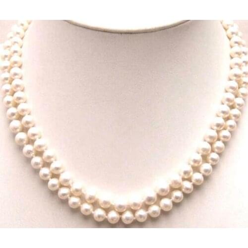 Round AA 7-8MM White NATURAL Pearl 17-18" Two Strings NECKLACE for Women Jewelry
