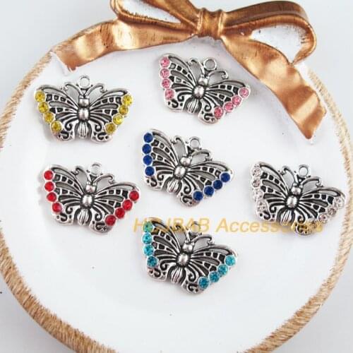 6 New Animal Butterfly Charms Tibetan Silver Tone Mixed Crystal Pendants 17.5x24mm