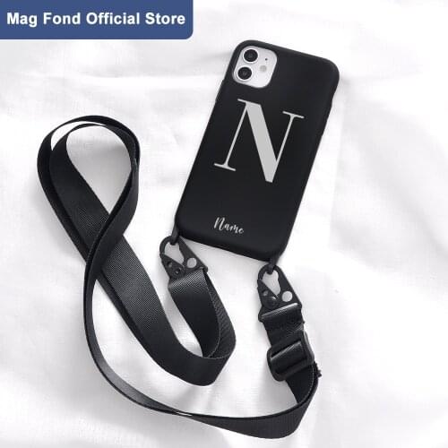 Custom Grey letter Name Phone Case For iPhone 12 11 Pro Max 7 8 Plus X XR XS SE With Rope Customize Design Black Silicone Cover