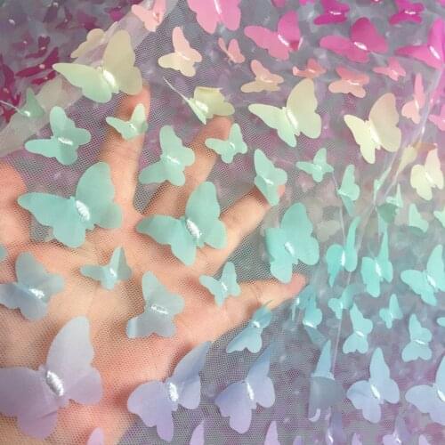 Rainbow Color Butterfly 3d Applique Gradient Flowers Mesh Lace Fabric For Childrens Clothing, By The Yard
