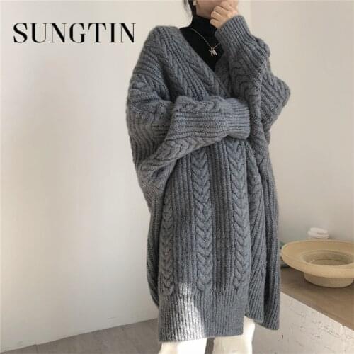 Sungtin Twist Knitted Long Oversize Sweater Cardigan Female Vintage Loose Autumn Winter Coat Batwing Sleeve Outwear Women Jersey