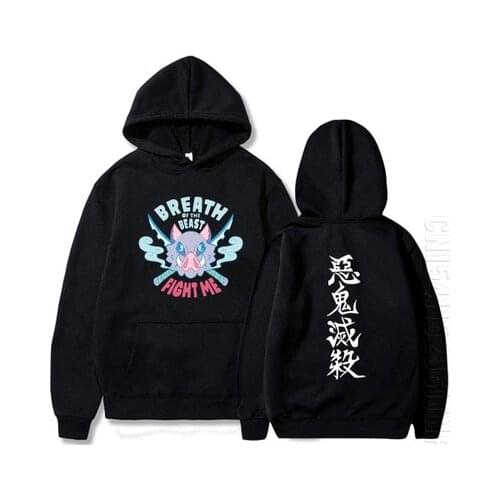 Japan Anime Demon Slayer Inosuke Fight Me Hoody Inosuke Breath Hoodies Cartoon Harajuku Oversized Streetwear For Men