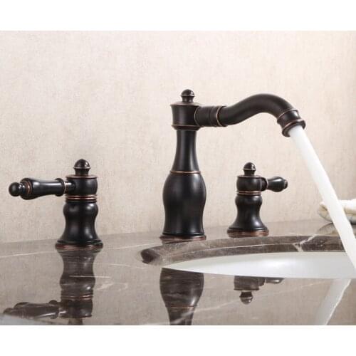 Wash Basin Brass Bathroom Cold And Hot Mixer Tap Water Antique Black Faucet Dual Handles Sink Three Holes Mixer Taps