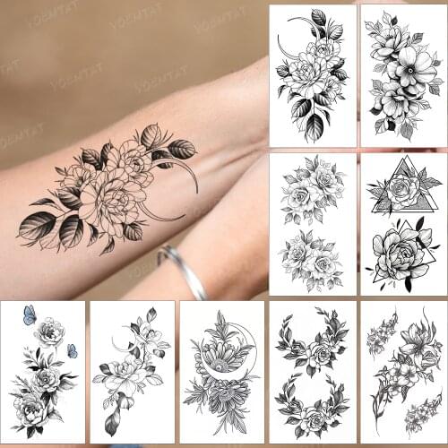 Wwaterproof Temporary Tattoo Sticker Lady Waist Rose Peony Flower Moon Black Flash Tatoo Line Realistic Body Art Tatto Men Child