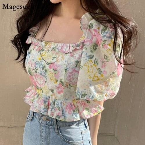 Korean 2021 Ruffles Loose Tops Summer Puff Sleeve Printed Womens Shirt Vintage Square Collar Blouses Blusas Mujer De Moda 14666