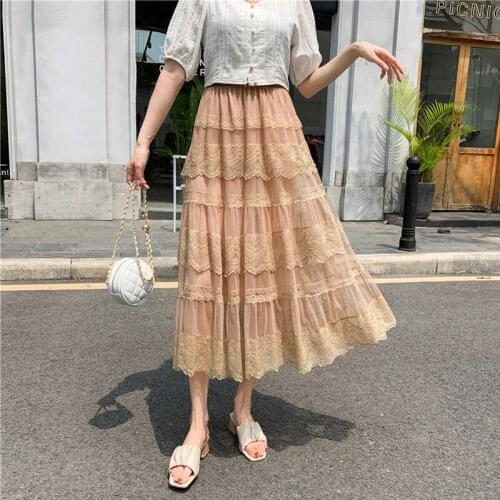 2021 New Spring Summer Women Elegant High Waist Slim Long Skirt High Quality Multi-layer Mesh Lace Patchwork Skirt
