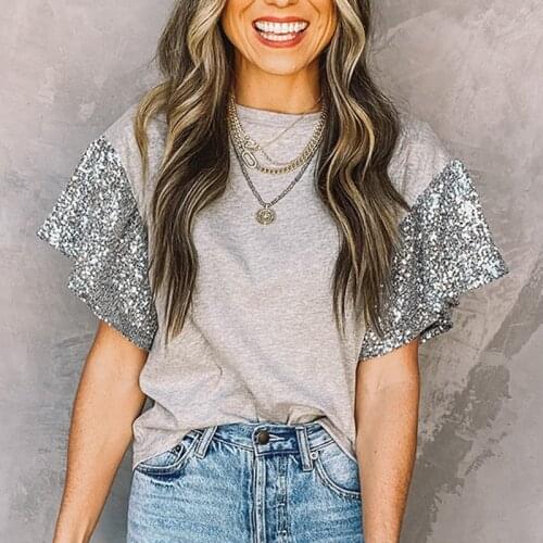 Female Clothes Tops Contrasting Color Stitching Sequin Short-sleeve T-shirt Women O Neck Tees Tops Office Lady Summer Pullover