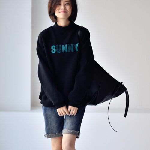 MICOCO R9196C Korean version of casual lettering embroidery with velvet thickening half high collar loose hoodie women