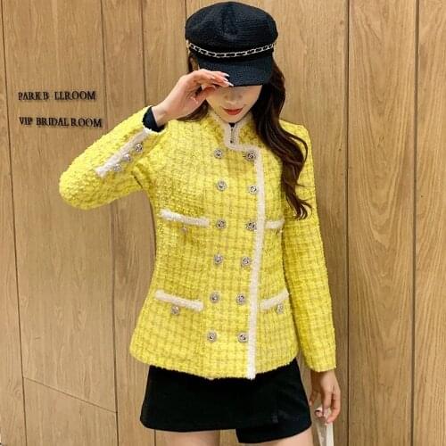 Autumn Winter Luxury Stand Collar Plaid Yellow Tweed Jacket Pearls Double Breasted Vintage Elegant Ladies Tassels Twill Coat
