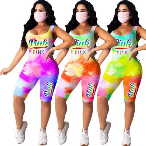Women Pink Letter Print Playsuits Sexy Summer Jumpsuits Street Rompers Night Club Party Gradient Tie Dye One Piece Outfits