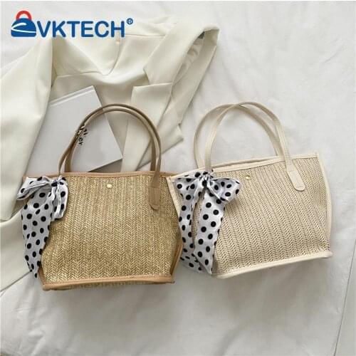 Ladies Fashion Summer Beach Large Purse Vintage Women Straw Woven Silk Scarf Large Capacity Shopping Tote Bag Handbags