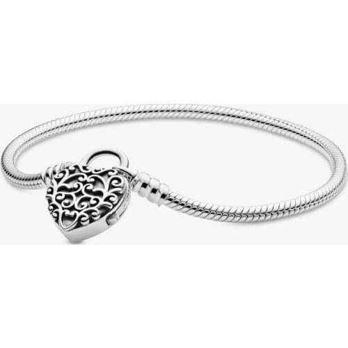 100% 925 Sterling Silver Regal Heart Padlock Clasp Snake Chain Bracelet Fashion DIY Jewelry Argent S925 Bracelets for Women