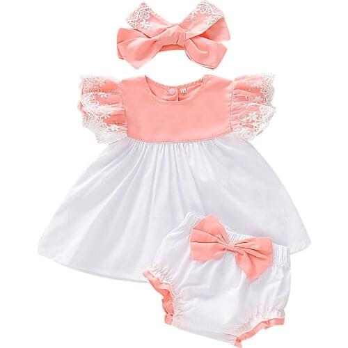 4# Baby Patchwork Outfits Newborn Girl Kids Lace Dress Tops +bow Pp Shorts +headband Outfits Set Детская Одежда Vetement Fille