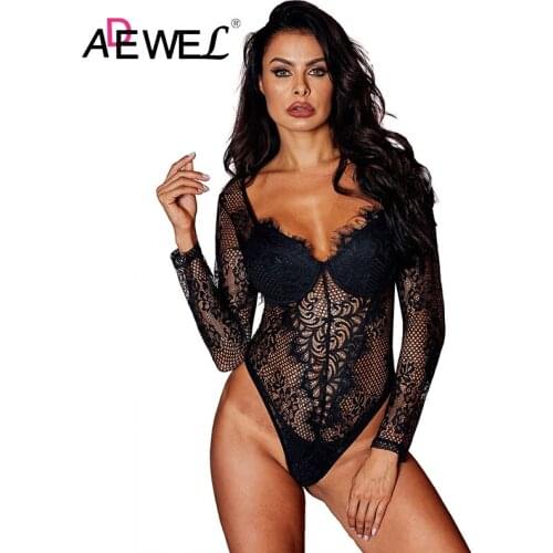 ADEWEL Black Underwire Floral Lace Long Sleeve Bodysuit Hollow Out Push Up Combinaison Pantalon Femme Body Mujer Women Jumpsuit