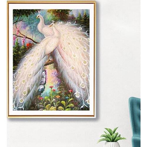 DIY 5D Diamond Painting Full Square White Peacock Cross Stitch Embroidery Diamond Mosaic Picture Needlework for Rhinestone Decor