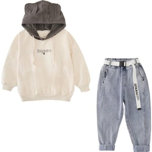 Kids girls leisure suits Spring / autumn long-sleeved hooded sweater coat + denim pants 2pcs sets of new large child sports suit