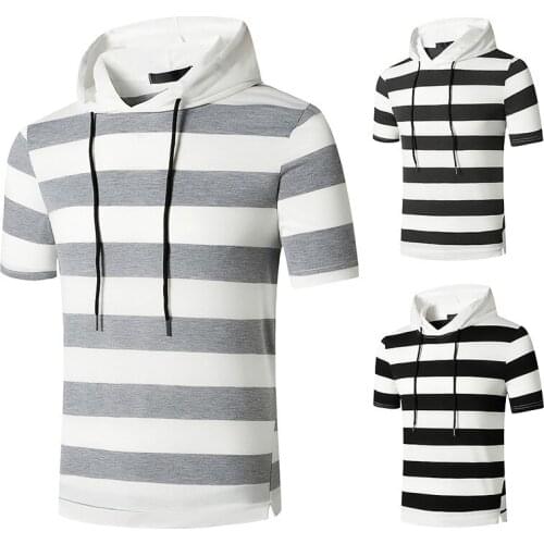 Mens Hooded T-Shirt Short Sleeved Striped Gym Sports Pullover T-shirt with Drawstring Casual Slim Type Tops for Youth