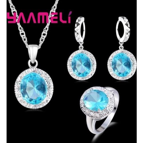 925 Sterling Silver Elegant Style Lake Blue Round For Women Necklace Earrings Ring Set Wedding Birthday Present