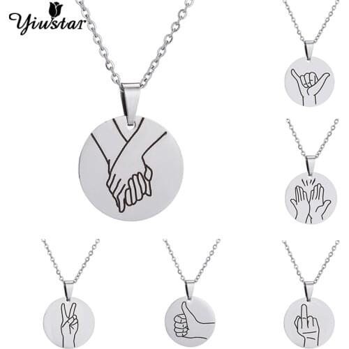 Round Pendant Engraved Sign Language Necklace Hold Hands Gestures Necklaces I Love u Pinky Swear Struggle Chokers Lovers Gift