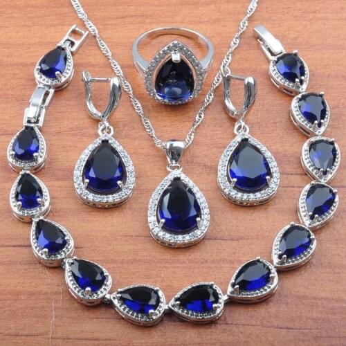 Water Drop Blue Cubic Zirconia Wedding Jewelry Sets For Women Silver Color Earrings And Necklace Bracelet Ring Set JS0105