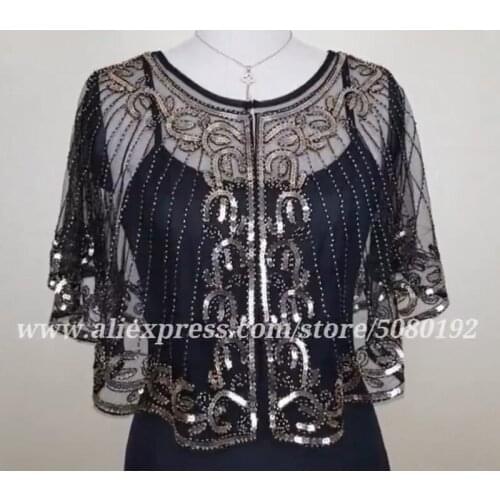 Gatsby Party Beaded Cape Vintage 1920s Black Mesh & Sequin Flapper Capelet Embroidery Fringe Shawl Cover Up for Dress