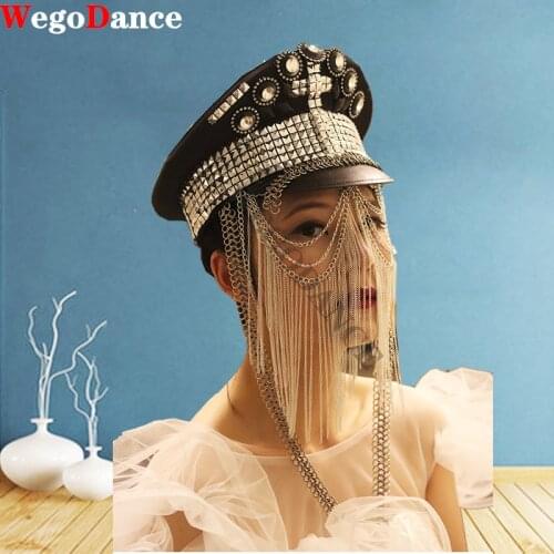 New DIY Handmade Fashion Hat Rivet Metal Studio Cap Women Handsome Punk Fringe Decoration Bar DJ Performance Singer Show Cap