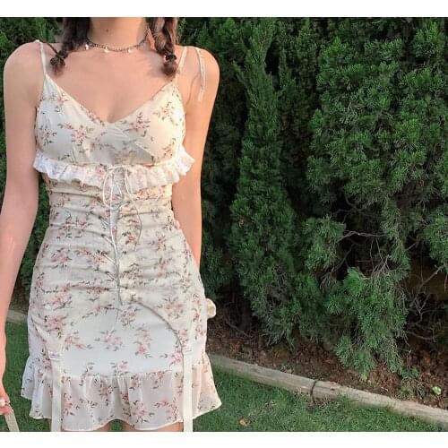 2020 new fishtail dress French sexy floral suspenders fairy dress summer lace retro dress LYQ1253