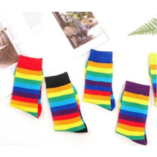 A pair women autumn rainbow socks and winter striped tube female socks