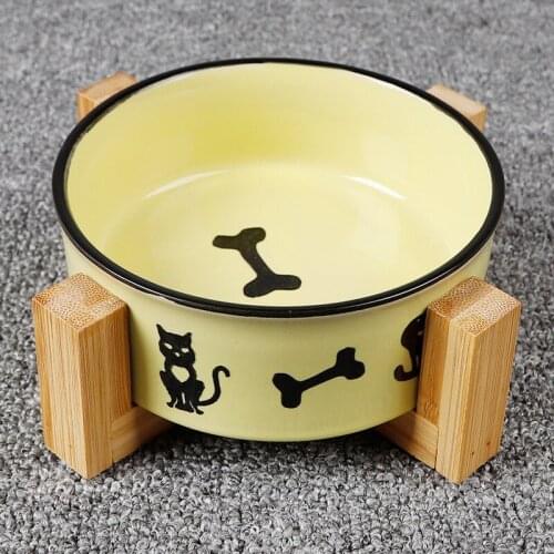 Pet Ceramic Elevated Raised Cat Bowl With Wood Stand No Spill Pet Food Water Feeder Cats Small Dogs Feeding Bowl Cats Dog Tools