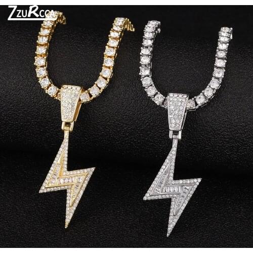Hip Hop Lightning Pendant Necklace Gold Tennis Chain Iced Out Rhinestone Necklaces for Women collares de moda 2021