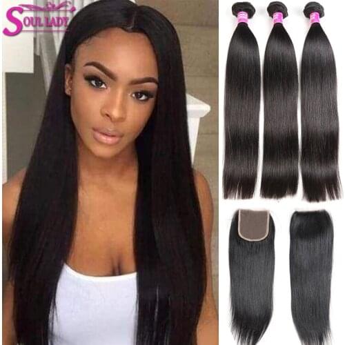 SoulLady Straight Bundles With Frontal Brazilian Straight Hair Bundles With Frontal Ear To Ear Lace Frontal Closure With Bundles