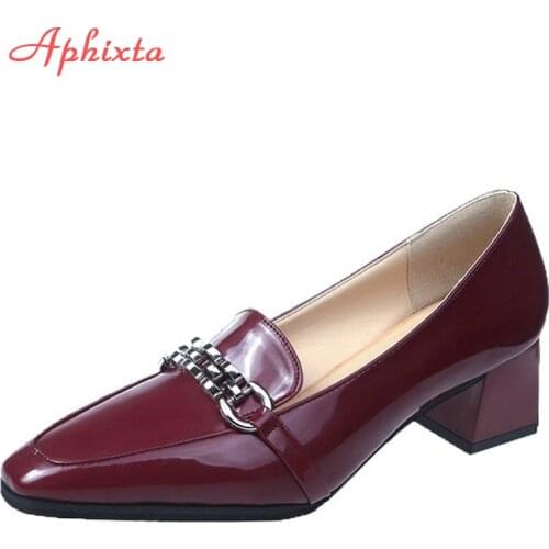 Aphixta Little Square Toe Shoes Women Pumps Metal Chain Buckle Square Heels Bling Fashion Work Office Party Shoes