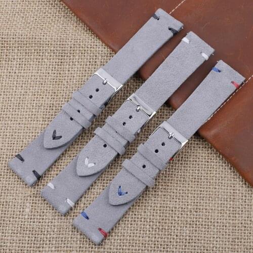 Handmade Leather Comfort Gray Suede Watchband Strap 18mm/20mm/22mm Stainless Steel Buckle High Quality Red Blue Line 2018 new
