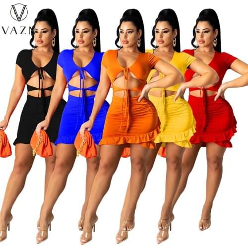 VAZN 2021 Top Quality Solid Deep V-neck Dress Pleated Chic Ladies Slim Elegant Female Sweet Young Women Thin Mini Dress