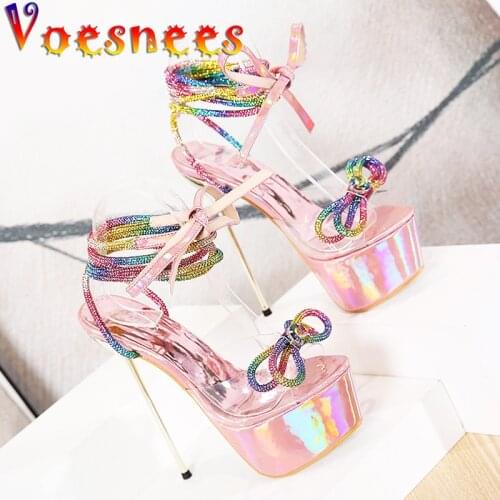 Voesnees 2021 New Women Shoes High Heels Colour Thin Heels 17cm Sexy Front Rear Strap Platform Sandals Lady Crystal Party Shoes